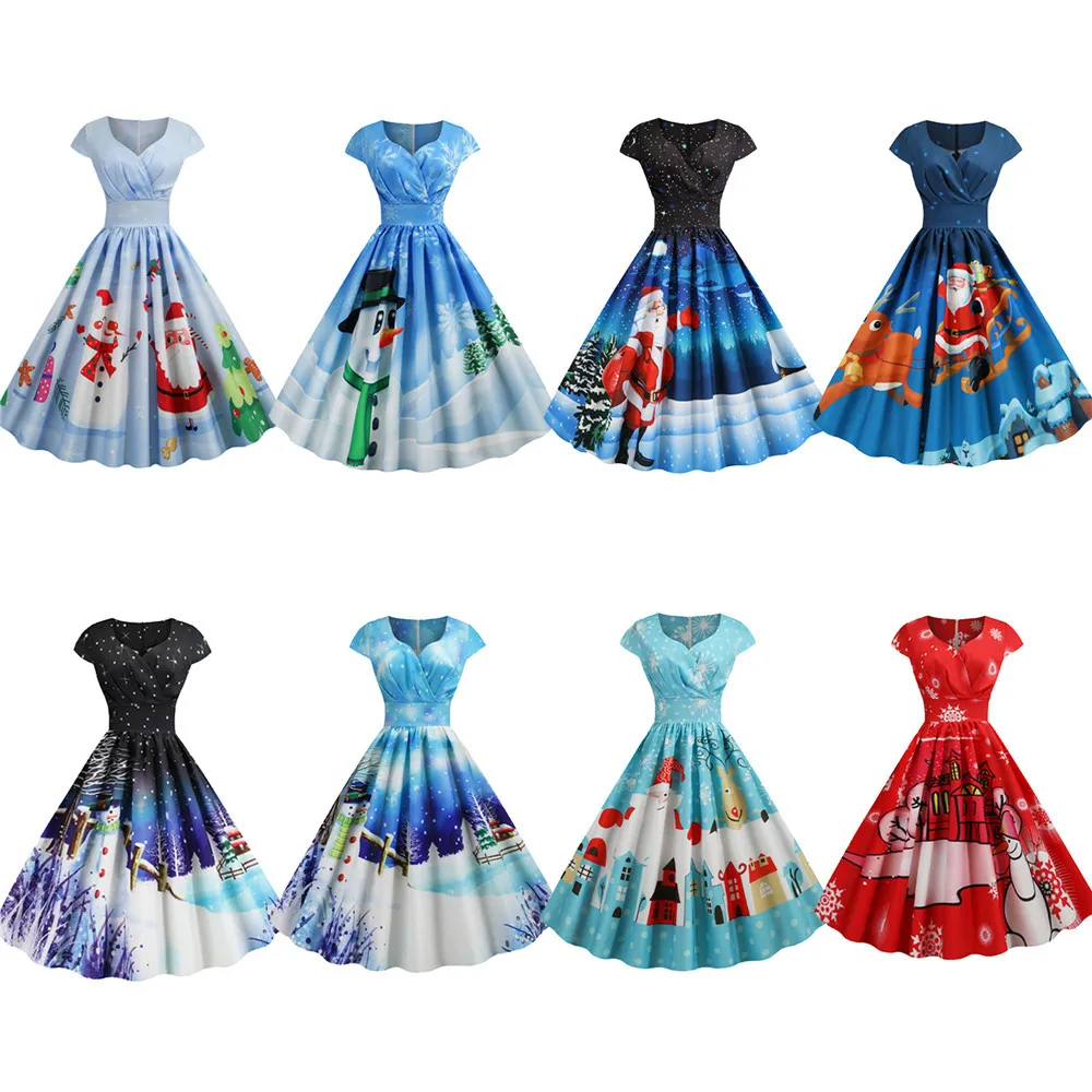Рождественское женское платье, вечерние, рождественское, Vestidos размера плюс, короткий рукав, v-образный вырез, элегантное, повседневное, винтажное, зимнее платье, халат для женщин