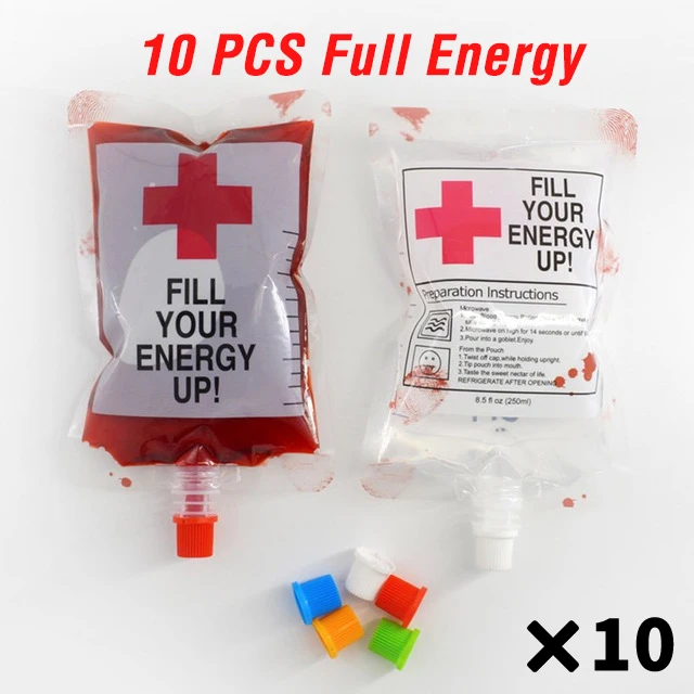 Full Energy 10PCS 10 шт. Хэллоуин косплей контейнер для напитков сумка вампир мешок крови реквизит зомби напитки Сумки пищевой класс ПВХ бутылка для воды - Цвет: Full Energy 10PCS