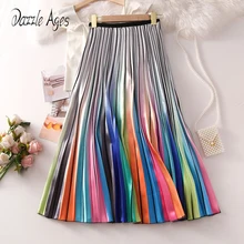 

Dazzle Ages New Basic Women Colorful Pleated Skirt High Waist Casual Midi Lady Fashion A Line Velvet Female Streetwear