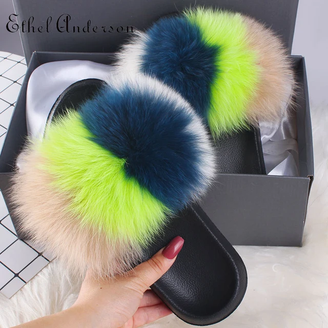 2021 Hot Sale Women Real Fox Fur Slippers Multi-color Summer Fashion Slides Casual Female Furry Shoes As picture