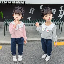 WEPBEL/весенне-осенняя одежда для маленьких девочек хлопковая футболка в полоску для малышей джинсовые штаны комплекты из 2 предметов Детский