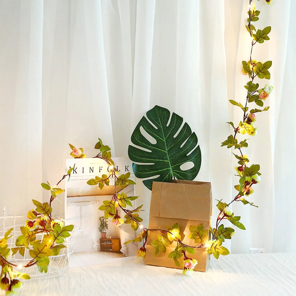 

LED 30 Artificial Flowers Lamp String Green Leaf Flower Modeling Light Wedding Flower LED Lights Beads Decorative Colored Lamp