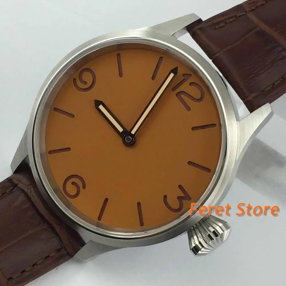 

PARNIS 43mm men's classic luxury mechanical watch brown dial sapphire glass luminous hands hand winding mens watch