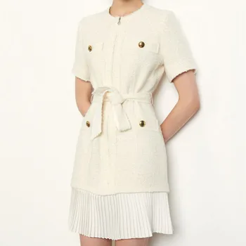 

White Black Pleated Tassel Tweed Mini Dress Short Sleeve O-neck Zipper Elegant Buttons Short Dress with Sashes 2020 Spring