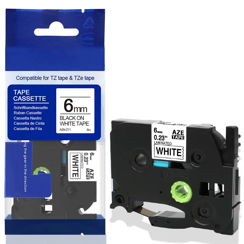 Ruban d'étiquettes P-Touch 6 mm compatible avec Brother 6 mm TZe Tape  TZe-211 TZ211 noir sur blanc laminé 1/4 étiqueteuse 