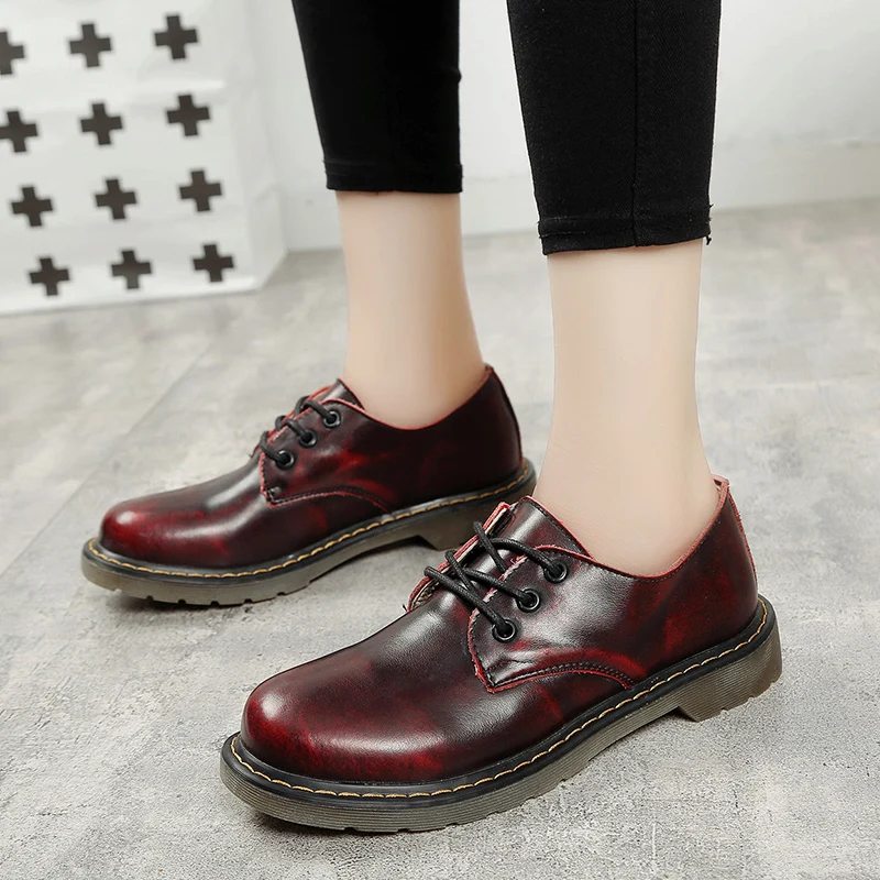 

2020 Women Shoes Leather lace-up Thick Bottom Flat Platform Martin Shoes Round Toe Spring Autumn Causal Shoes Flat Oxfords Women