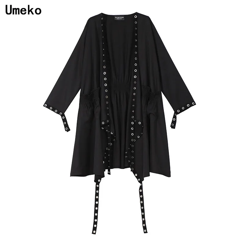 Umeko корейский стиль женский длинный однотонный черный жакет открытый дизайн Длинная лента прошитая с металлическими отверстиями Женский Стильный свободный жакет