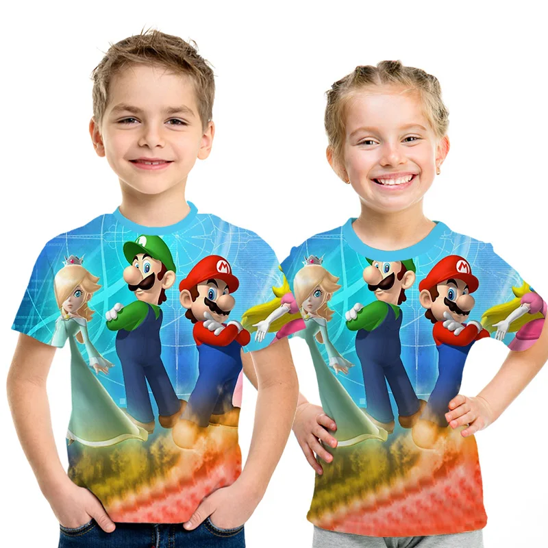 Топы с короткими рукавами для мальчиков и девочек с героями мультфильма «аниме Марио hrarjuku»; куртка с принтом; повседневные футболки; Детская уличная одежда; Забавные футболки с круглым вырезом