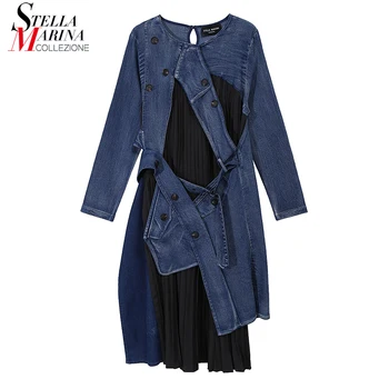 

New Long Sleeve Denim Please Cloth Patchwork 2020 Woman Autumn Winter Dress Sashes Lady Casual Jean Dress Korean Style Robe 6641