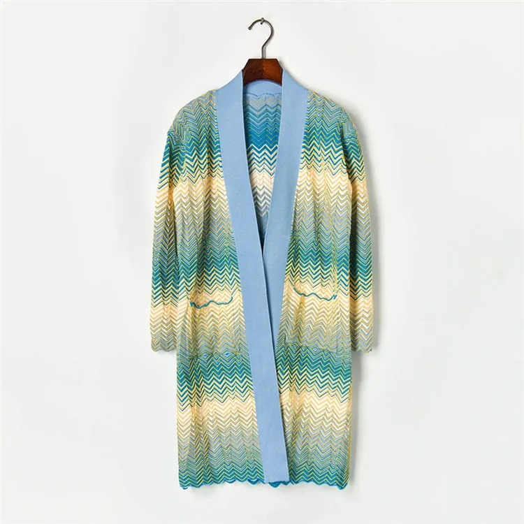 blue cardigan Осень-зима, вязаный свитер, пальто для женщин, длинный рукав, волнистый полосатый кардиган, Feminino, верхняя одежда, повседневная, Junmper Sueter Mujer - Цвет: blue cardigan