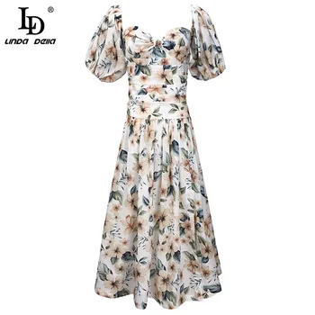 

LD LINDA DELLA Fashion Designer Bohemian Holiday Dress Women Lantern Short Sleeve Flower Print Ruched Ladies Midi Dresses