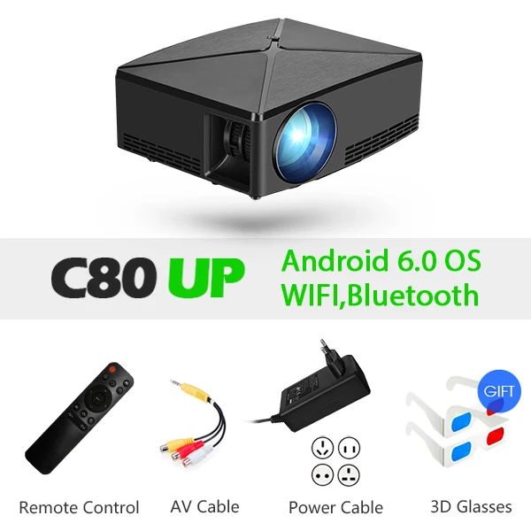 AUN Мини проектор C80UP, 1280x720 P, Android 6,0 wifi проектор, портативный светодиодный проектор для 4K видео 3D домашнего кинотеатра, опционально C80 - Цвет: C80UP
