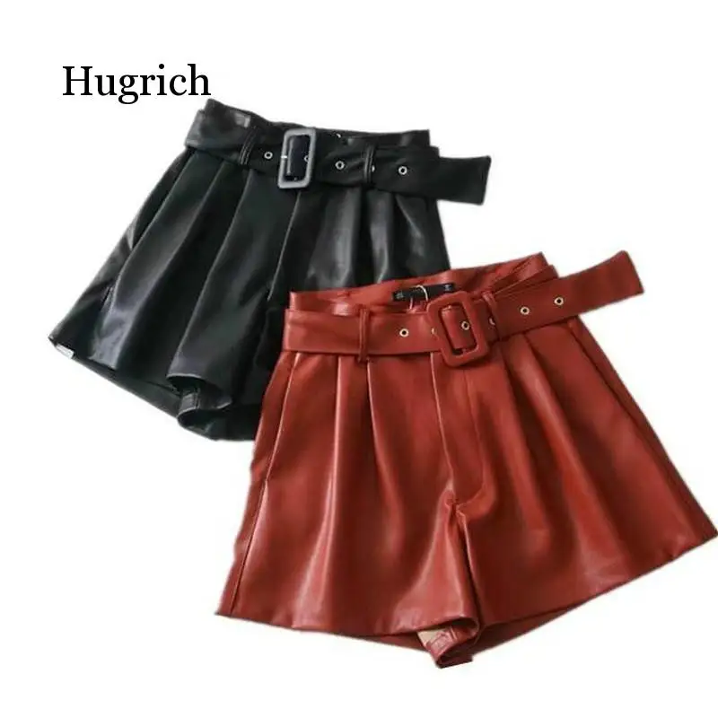 Women Black Orange Color Pu Leather High Waist with Belt Wide Leg Faux Leather Shorts Winter Loose Pu Shorts