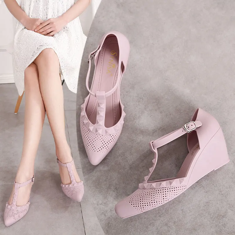 wedges-pink EOEODOIT/Осенняя прозрачная обувь на плоской подошве для женщин; пляжные Мягкие Летние босоножки на плоской подошве с острым носком; женская обувь для дождливой погоды; прозрачная нескользящая обувь - Цвет: wedges-pink