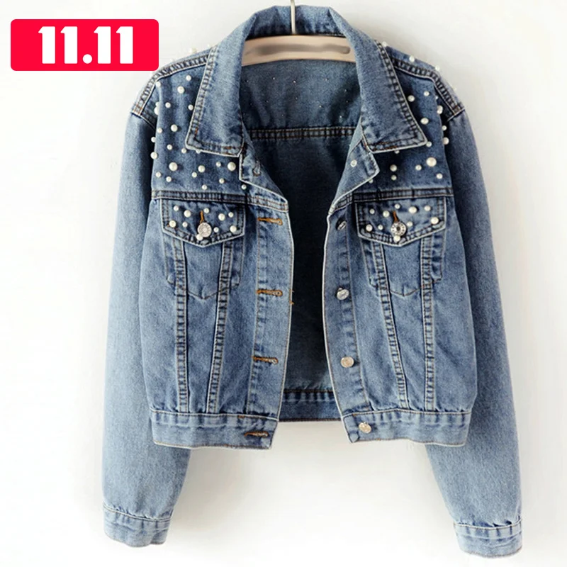 Preise 2019 frühling Perle Perlen Crop Denim Jacken Frauen 5Xl Casual Jeans Bomber Jacke Langarm Denim Mantel Koreanische Plus Größe