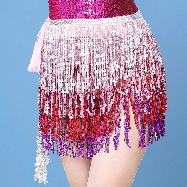 17 Colors Women Bellydance Clothing Accessories Tassel Belts 4 Rows Strips Rectangle Belly Dance Hip Scarf Sequins Fringes Belt pink purple