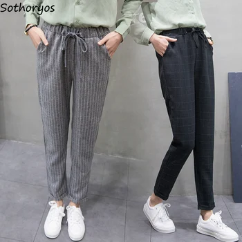 

Pants Women Plaid Plus Size Pleated Slim High Waist Sweatpants Womens Stylish Students Trousers 3xl Streetwear Drawstring Soft