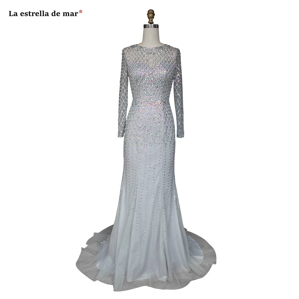Abendkleid2019 новое из кружева, с вырезом на шее длинный рукав с бисером серебро сексуальное Русалка дубайское вечернее платье длинное avondjurk на