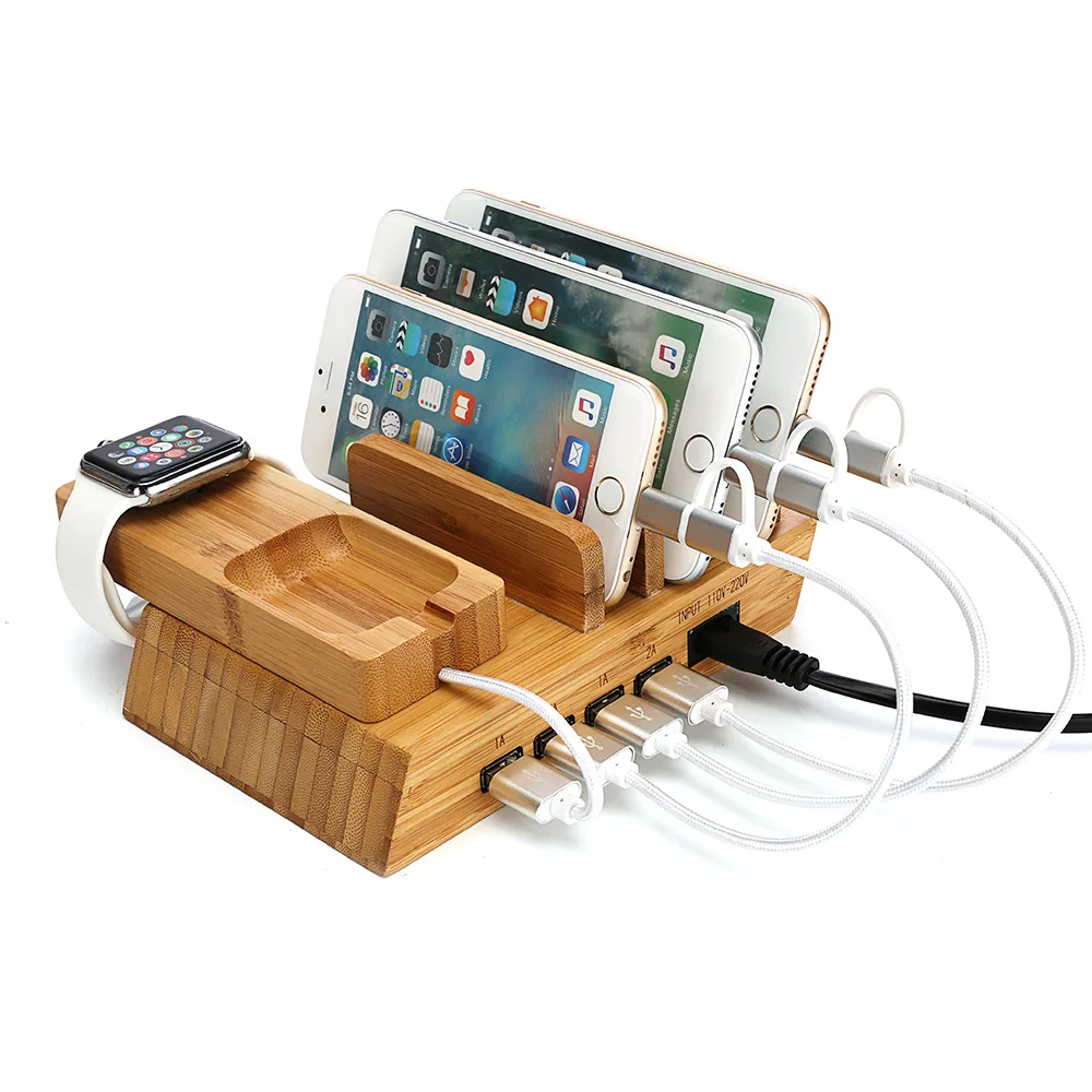

Bamboo Multi-port Phone Charging Rack Tablet Holder Mobile Phone Charger Holder Desktop Charging Rack