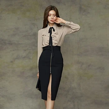 

New arrival Autumn Korean Stye 2pcs Set Bow Full Sleeve Shirts Tops And High Waist Zipped Pencil Bodycon Casual Skirts suit