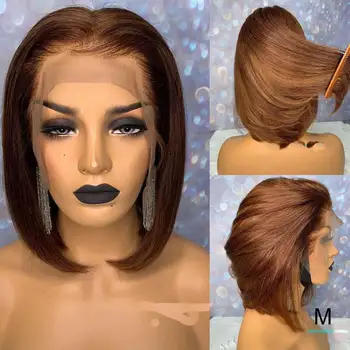 

Short Blunt Cut Bob 13X6 Lace Front Human Hair Wig Remy Straight Brown Colored HD Transparent Invisible Lace Wig 150 Density