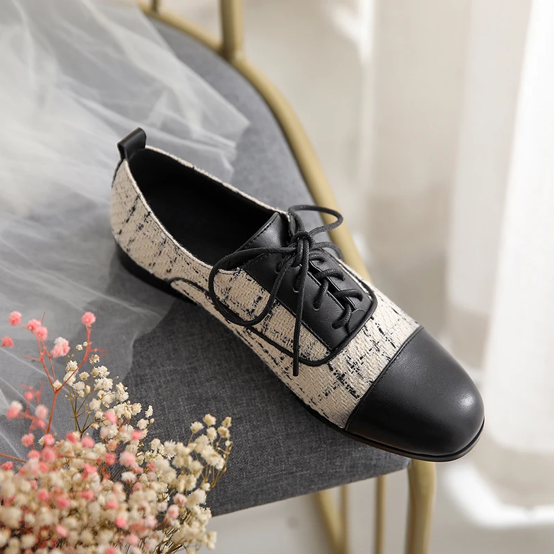 

INS hot women Pumps Genuine Leather shoes 22-25cm length Casual lace-up womens shoes Leather stitching Brock shoes
