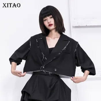 

XITAO Puff Sleeve Suit Collar Short Jacket Women Flat Waist Double Buckle Short Sleeve Burr Coat Fashion Top Women GCC1113