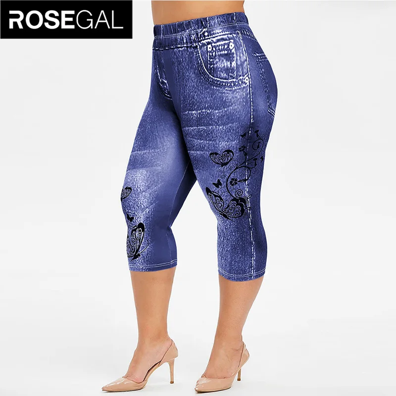 

ROSEGAL New Fashion Women'S Capri Leggings Imitation Jeans 3/4 Summer Jegging Skinny Butterfly Printed Pants Plus Size