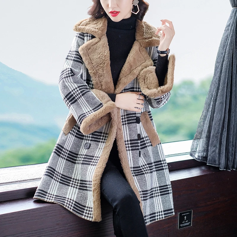 camel parkas Новинка, зимнее женское пальто из овчины, утолщенное, искусственный мех, женское флисовое пальто, меховая подкладка, клетчатая куртка, куртка Авиатор - Цвет: camel parkas