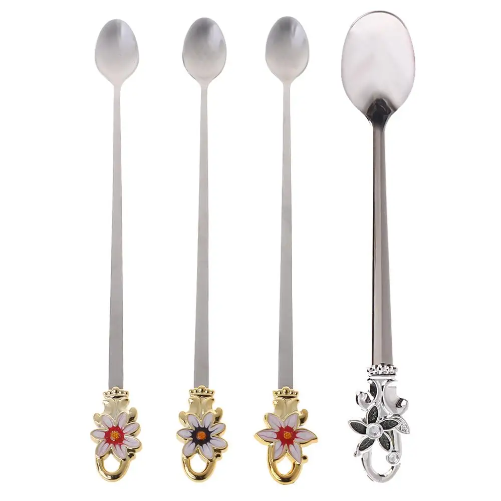 

Stainless Steel Coffee Tea Spoon Flower Long Handle Ice Cream Scoop Drinking Tools Kitchen Utensil Cutlery Tableware