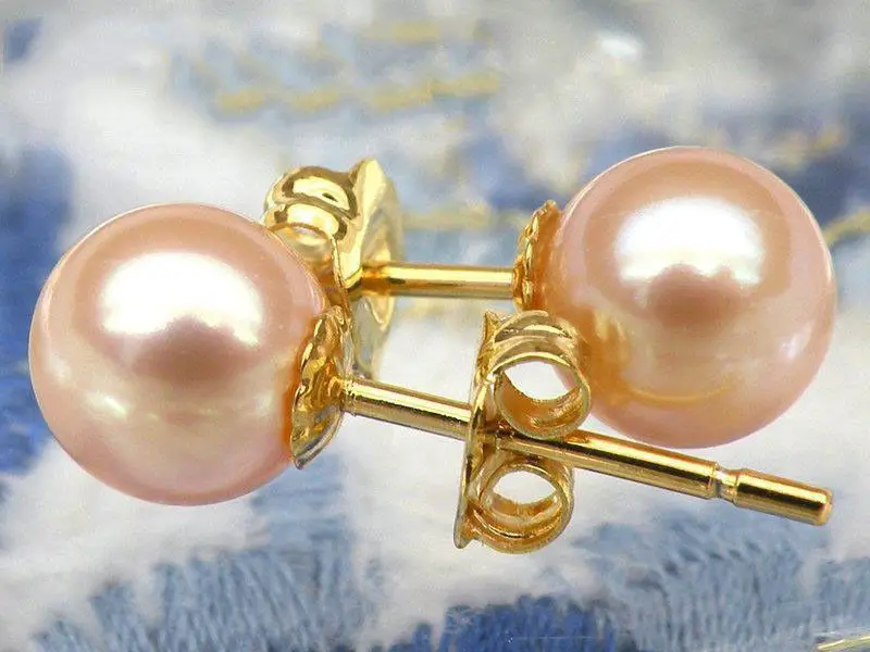 

Genuine 6mm perfect round AAA+++ pink akoya pearl earring solid 14K/20 yellow gold