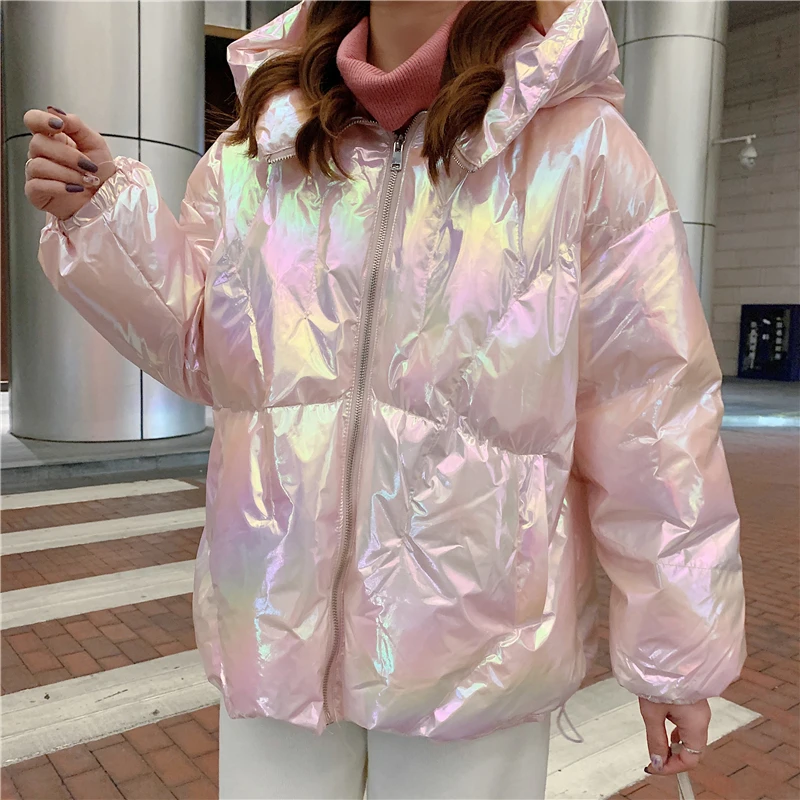 Розовый Harajuku цветная уличная Глянцевая зимняя куртка большого размера Женская Толстая стеганая верхняя одежда блестящая куртка с завязками хлопковые парки - Цвет: Розовый