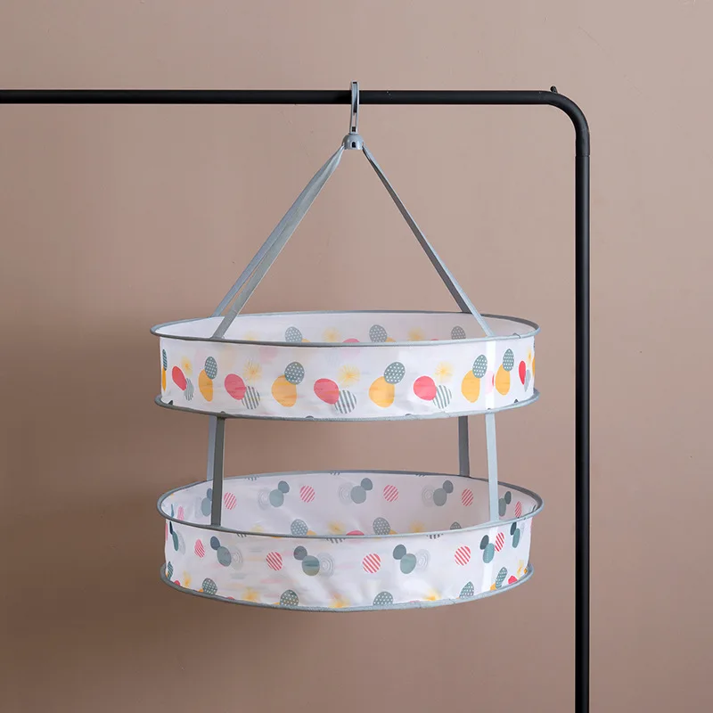 L Size 2 Layer Round Drying Rack Clothes Laundry Basket Underwear Socks Storage Hanger Folding Mesh Bag Single Double Layers Laundry Home Organizer - Color: L Size 2 Layer Round