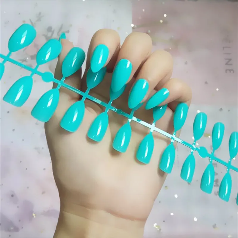

24 pcs medium and long style pointed fake nails detachable artificial solid color ABS nails hot sale finished Strip shape nail