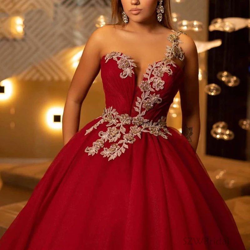 Eightale Burgundy Evening dresses Plus size One shoulder Long Lace Appliques Formal dress Ball gown Party Evening gowns 2020