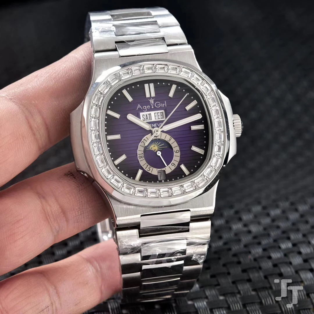 

Luxury Brand New Men Automatic Mechanical Watch Stainless Steel Moonphase Daydate Sapphire Diamond Dual Time Zone Grey Blue Red