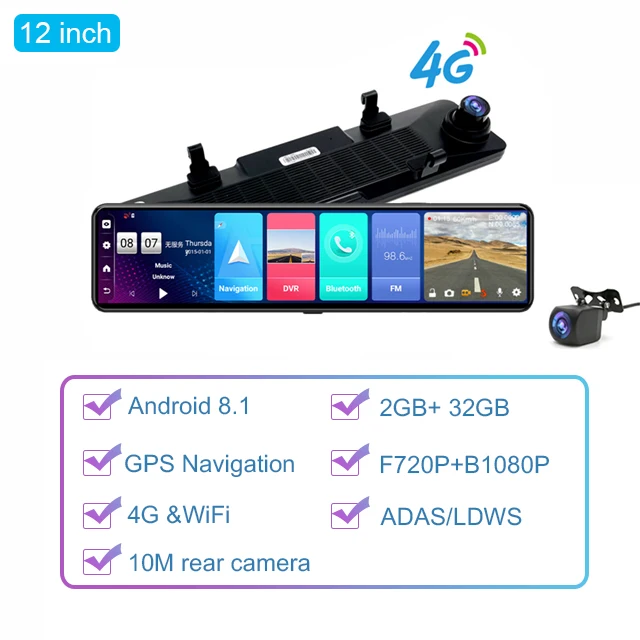 12'' 4G Android 8.1 Car DVR Mirror 4G+32G ADAS Dash Camera HD GPS Dual Len Dashcam Smart Rearview Mirror Auto Recorder Dashboard reversing camera mirror DVR/Dash Cameras