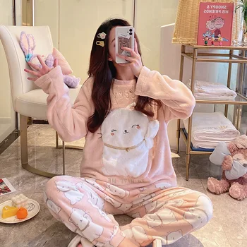 

Pajama Woman Winter Warm Coral Velvet Student Sweet and Lovely Zhaocai Cat Flannel Female Set 2 Pcs Home Clothes