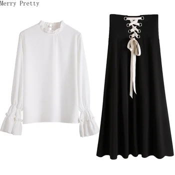 

Womens Two Piece Set Flare Sleeve Stand Collar Ruffles Blouse Hight Waist Mid-calf Lace Up Skirt Drawstring Pleated Skirt