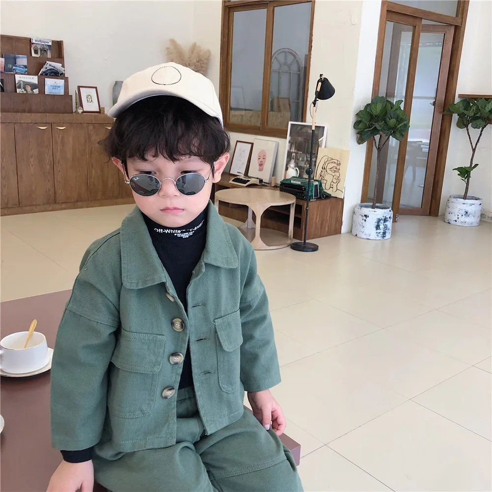Осень года, корейский Детский костюм однотонная куртка для маленьких мальчиков и девочек, пальто+ детские свободные штаны-шаровары одежда для малышей из двух предметов