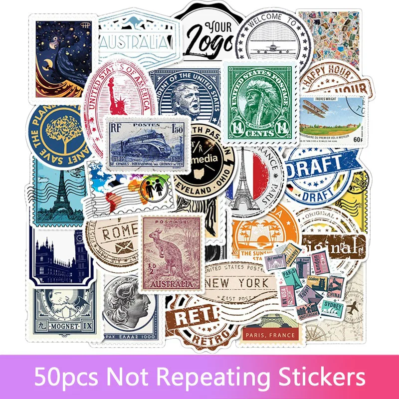 

50 Retro Travel Stamps Graffiti Stickers Luggage Trolley Scooter Notebook Super Waterproof Sticker Stickers