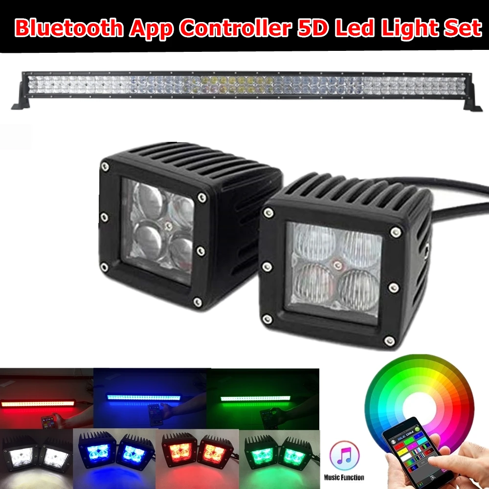 2 шт. автомобильный противотуманный светильник RGB+ 1 шт. 5D RGB Led рабочий бар Bluetooth App управление стробоскоп многоцветный 22 32 42 50 52 дюймов внедорожный внедорожник 4X4 12 В