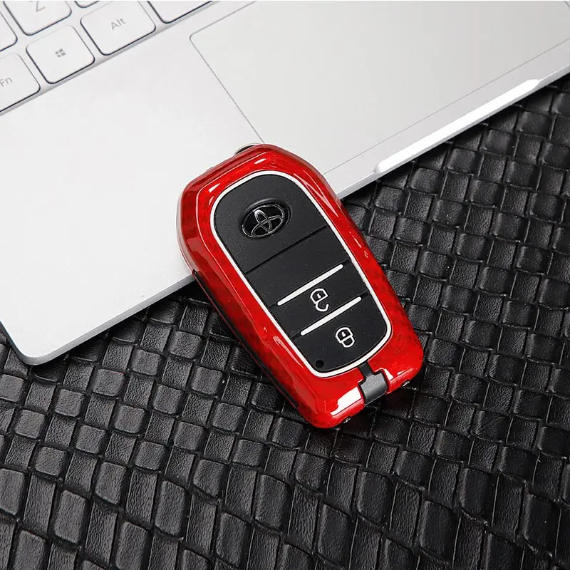 Carbon Fiber Red Металлический чехол из углеродного волокна для автомобильных ключей, 2 кнопки для Toyota Corolla Avensis C-HR CHR C HR Auris, брелок для ключей, аксессуары - Название цвета: Carbon Fiber Red