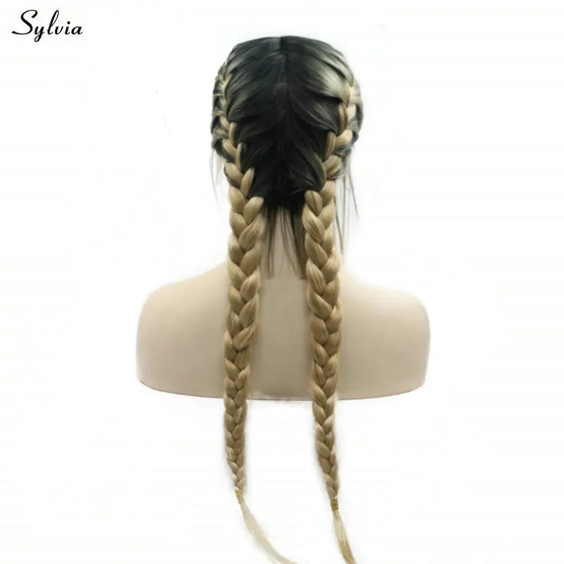 Sylvia темные корни Омбре блонд 2x твист плетеные парики с детскими волосами термостойкие натуральные Длинные Синтетические волосы на кружеве парики