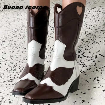 

Buonoscarpe Autumn Winter Fashion Warm Pointed Toe High Heels Mid-Calf Genuine Leather Boots Slip On Western Boots Knight Boots
