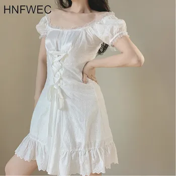 

2019 New Summer Fashion Women Clothing Vintage Loose Short Puff Sleeve Lave Slash Neck Dress Female Vestido R582