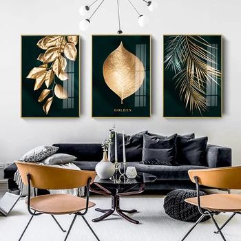 

Wall Poster Golden Black Plant Leave Home Decor Abstract Canvas Art Mural Modern Fashion Sticker Aisle cuadros Living Room Decor