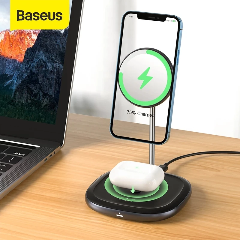 Baseus Wireless Charger 20W Wireless Charging Pad 2 in1 Magnetic Phone Charger Stand For iPhone 12 Airpods Fast Wireless Charger