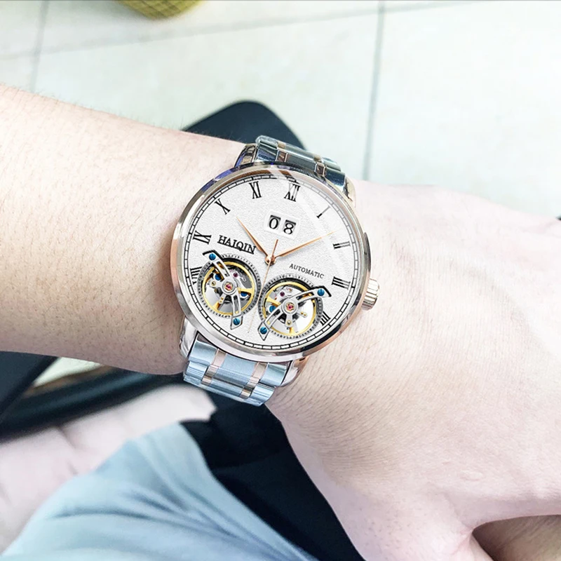 Haiqin Men Mechanical Automatic Double Tourbillon Calendar Stainless Steel Wrist Watches Top Brand-2