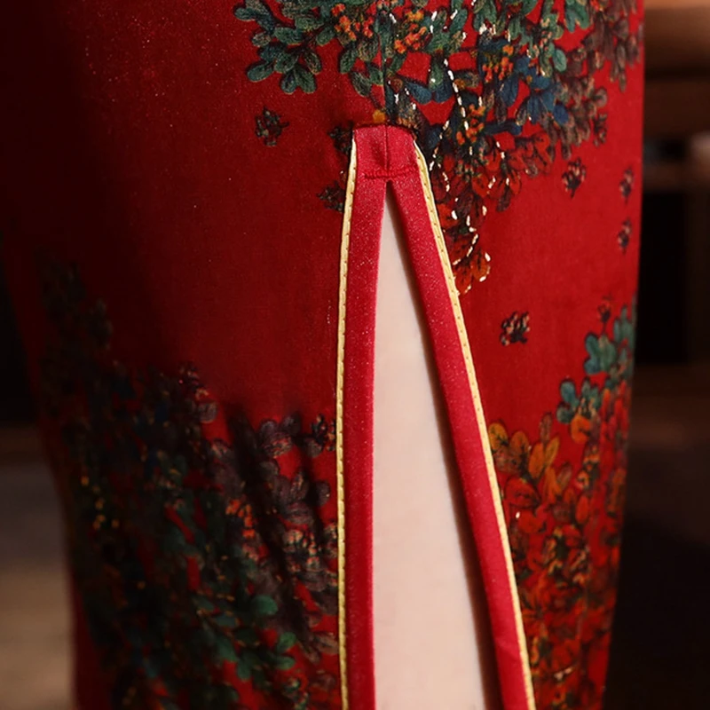 XL элегантный Улучшенный модный короткий рукав cheongsam с золотым бархатным принтом cheongsam женская Ретро короткая юбка